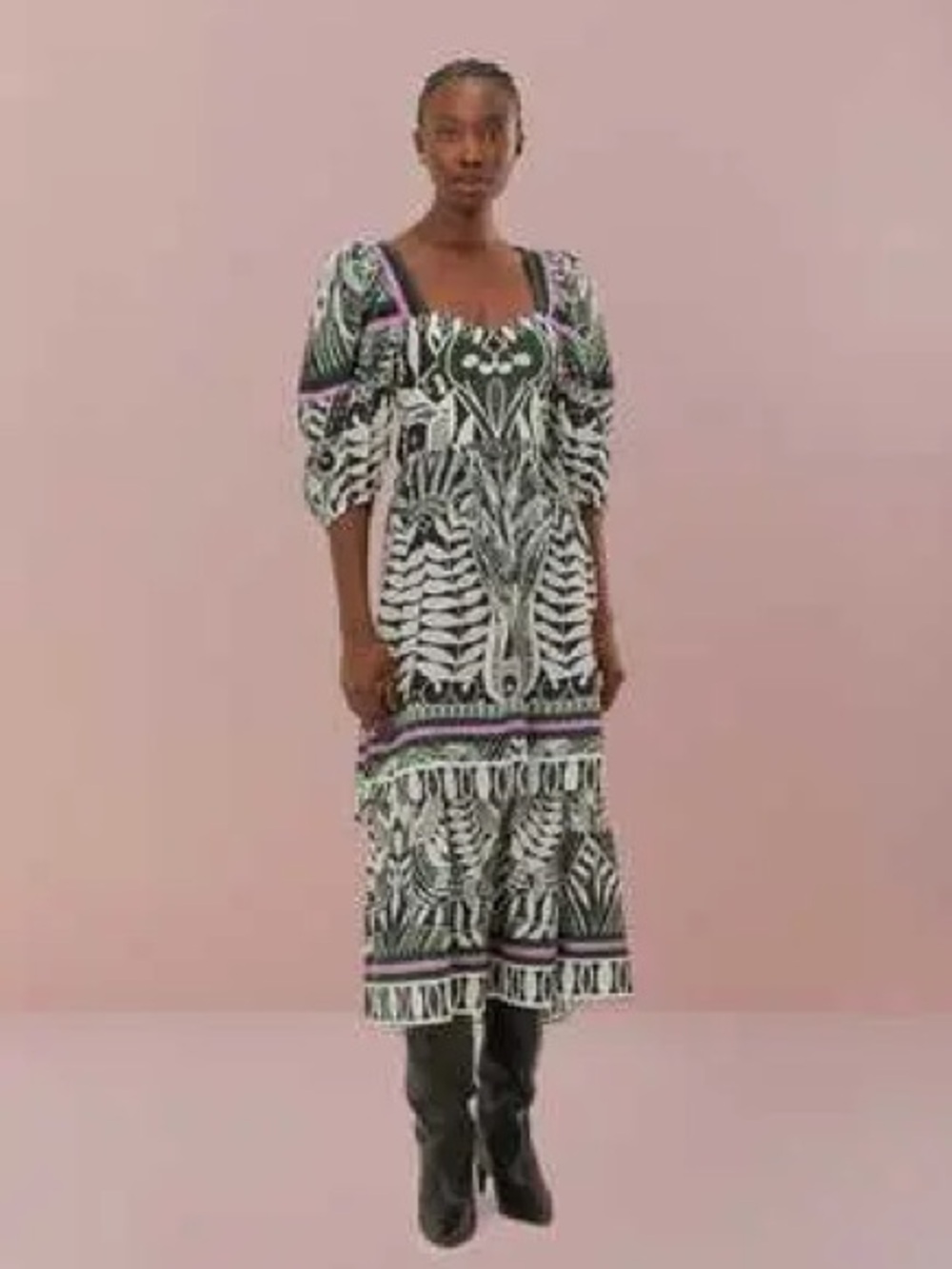 FARM Rio Black and White Printed Puff-Sleeve Midi Dress